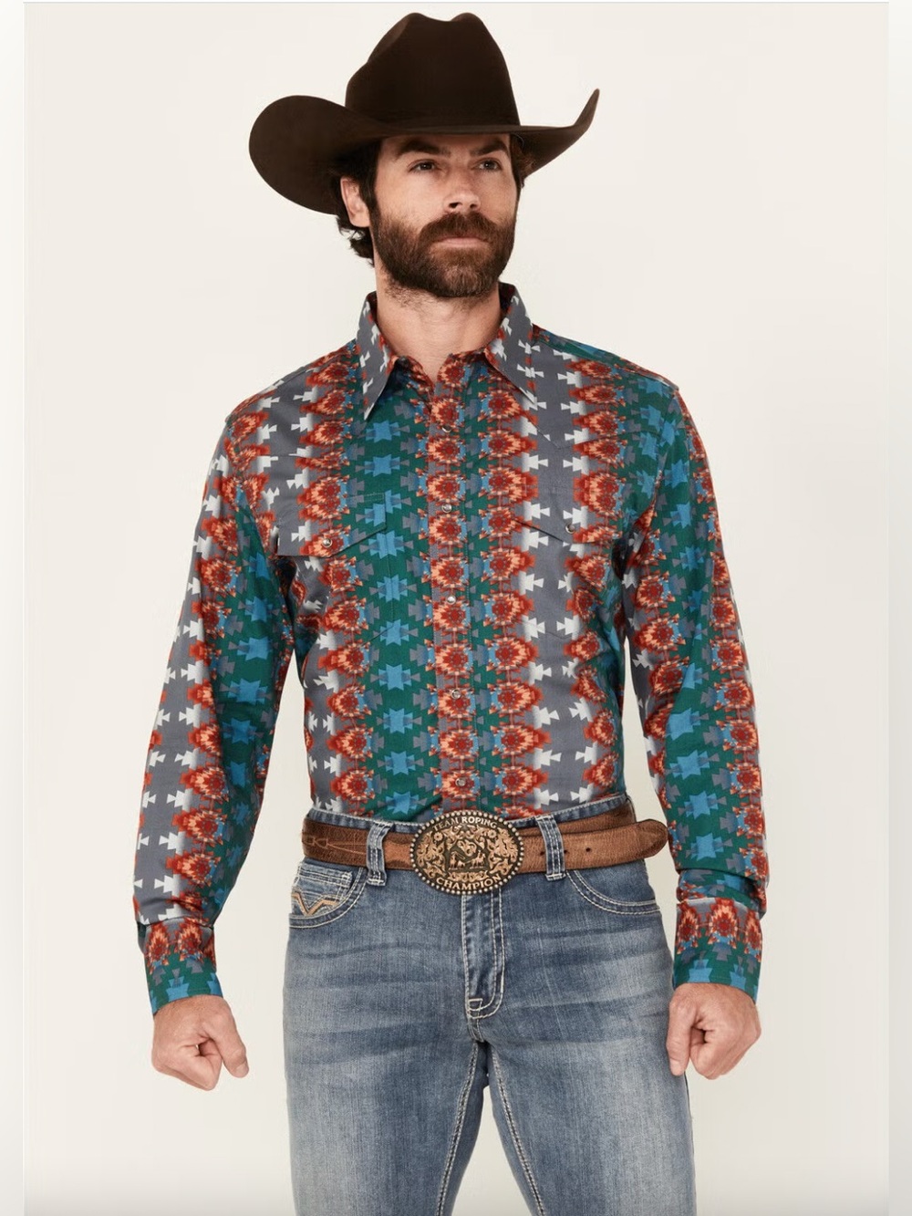 Wrangler Checotah Southwestern Print Western Snap Shirt Men's Large - Picture 3 of 15